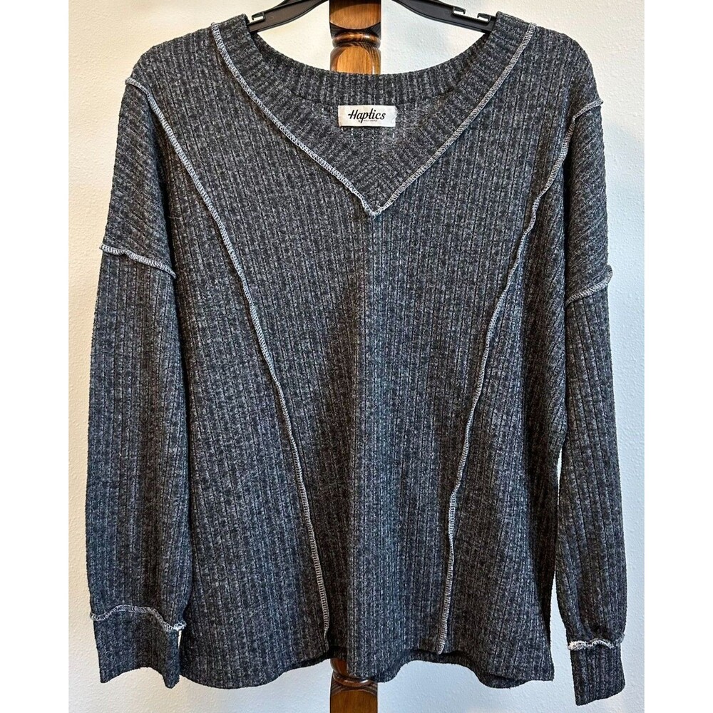 Haptics by Holly Harper Gray Ribbed Knit V-Neck Sweater Exposed Seams 1X